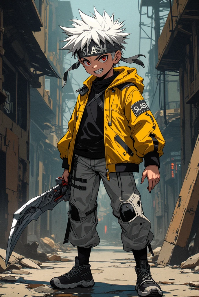 a young boy, with pointed hair in the color white , He wears a gray cloth band , written "Slash", His eyes are reddened, look of malice and striking smile , his teeth are quite pointed and are showing , he wears a yellow jacket and the black center , also has black details on the sleeve of the jacket , silver pants and stylish shoes , his right arm becomes a sickle blade, Black with red details , is literally a blade where his arm was . All of this with reference to the anime Soul Eater .