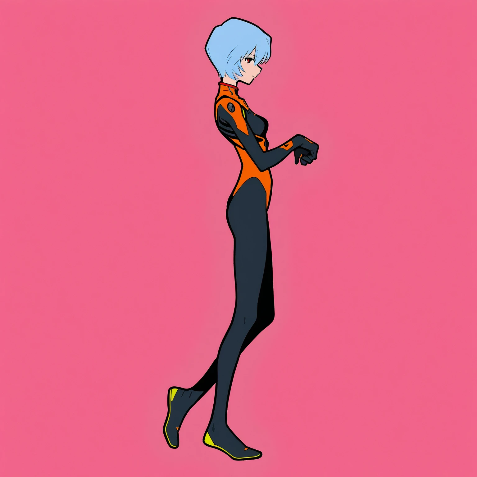 Masterpiece, best quality, simple background,red background,flat color, 1girl ,full body, , from side, smile,, Neon Genesis Evangelion 、 top quality , Masterpiece, Rei Ayanami、 light blue hair with a slender body、 short hair、 red eyes 、Black plug suit 、