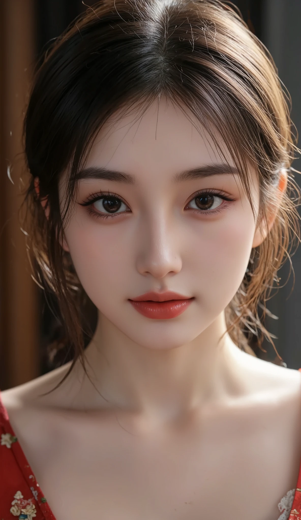 (realism, Realistic, Photorealistic), (Photo realistic), female, (masterpiece, highest quality, Best image quality, Super sophisticated, Ultra-detailed, Ultra-realistic faces, RAW Photos, Realistic, Hyper Detail, Further details, Detailed face, Detailed Eyes, Detailed Background, Highly detailed face and skin texture), Slim body, Incredible big breasts:1.2, Absurd, Upper Body, (Chinese dress:1.5), Look at the viewer, photo shoot, Ultra-high performance shooting, smile