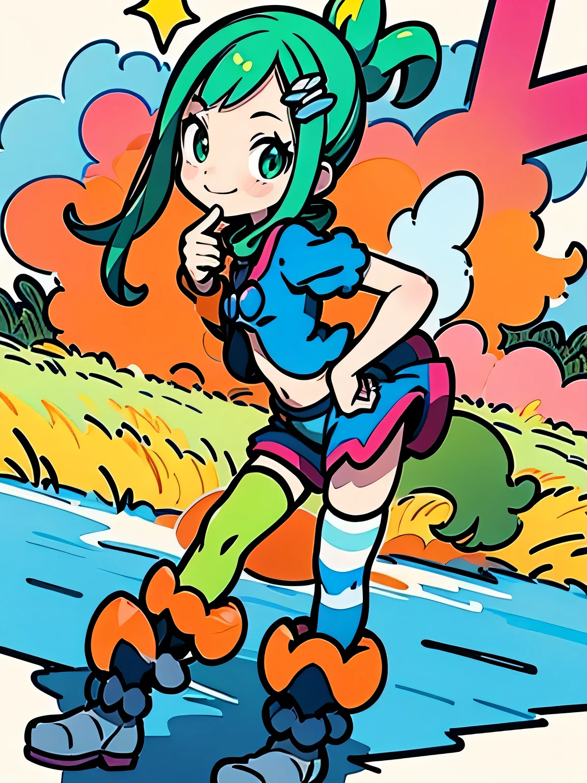 sideview,(looking at viewer:1.3),solo,fullbody,idol, green hair, light blush, beautiful detailed eyes, looking at viewer, laughing, green eyes, small breasts, striped thighhighs, boots, hair ornament, w , hand_on_hip, ⭐ , breeze,summer,field,sky,,murakami:1.2,smile、(manga style),(sketch),(illustration),