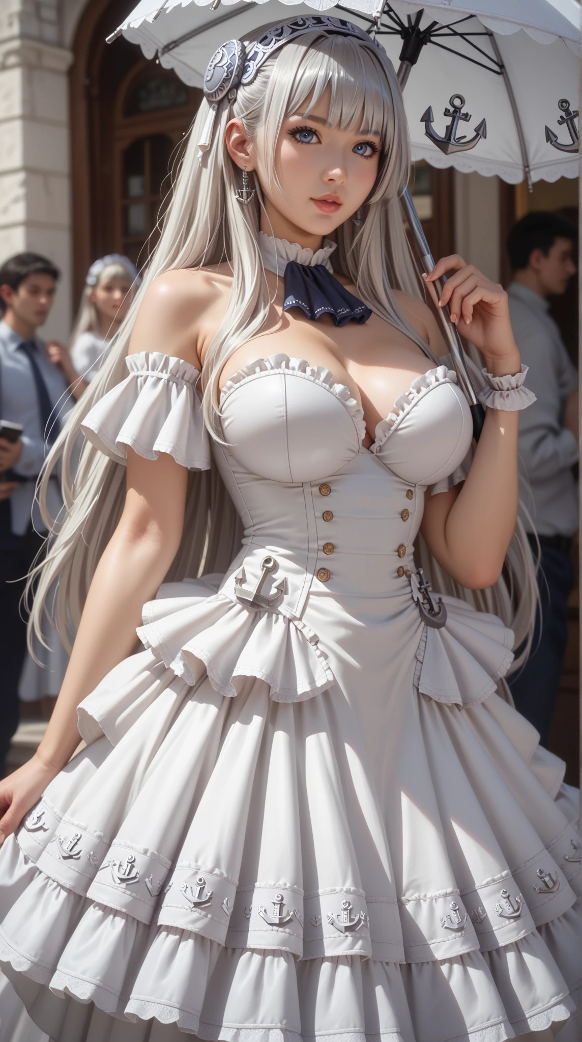 High quality, rich in detail, twin-tailed silver-haired girl posing cutely. They wear vintage Gothic gothic clothes, wearing bracelets, earrings and necklaces. Big are also visible. The photo is a close-up of the face, with cleavage, shiny breasts, sweat in the cleavage, and a sexy vibe.