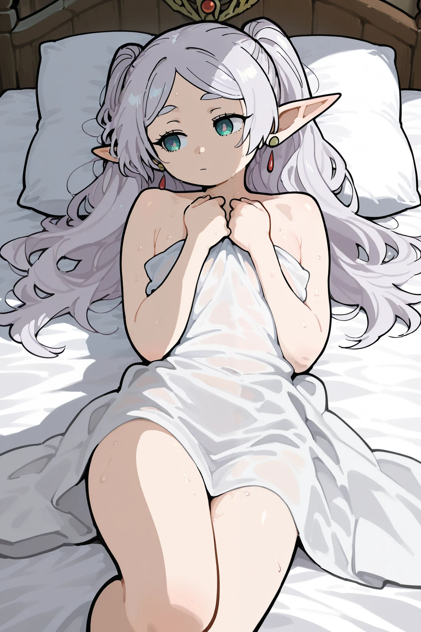 make an anime illustration of the character frieren from the anime sousou no frieren. in the illustration frieren is posing cutely on the a medieval room, she looks beautiful and cute. she was lying on her side on the bed naked and with a shy face. her hands were seen covering her chest and she was looking at shyly.