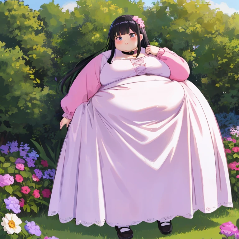 masterpiece,  best quality, Advanced Details ,  long black hair ,  one girl, obesity, Standing in the garden ,  The whole dress completely covers the body.、(pink and white long sleeve dress clothes with collar gothic)、 high neck shirt、 Long Skirt, full body、