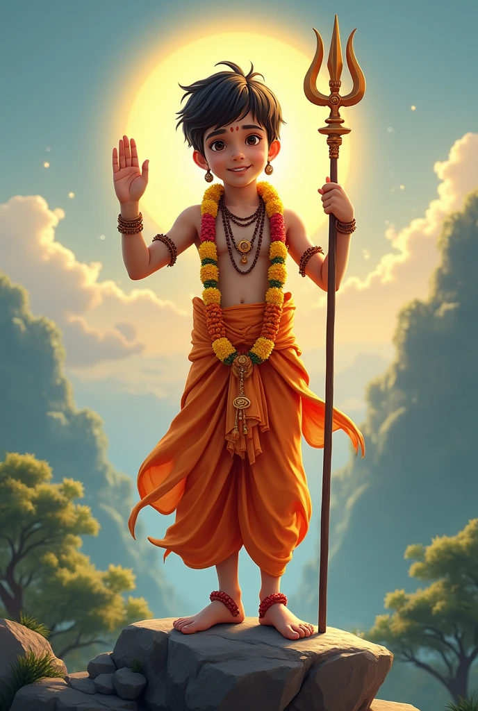 Full body image hindu young male god cartoon picture who is doing namaskara with skinny body and kurta costume son of kubera Full body image 
seeing front side 