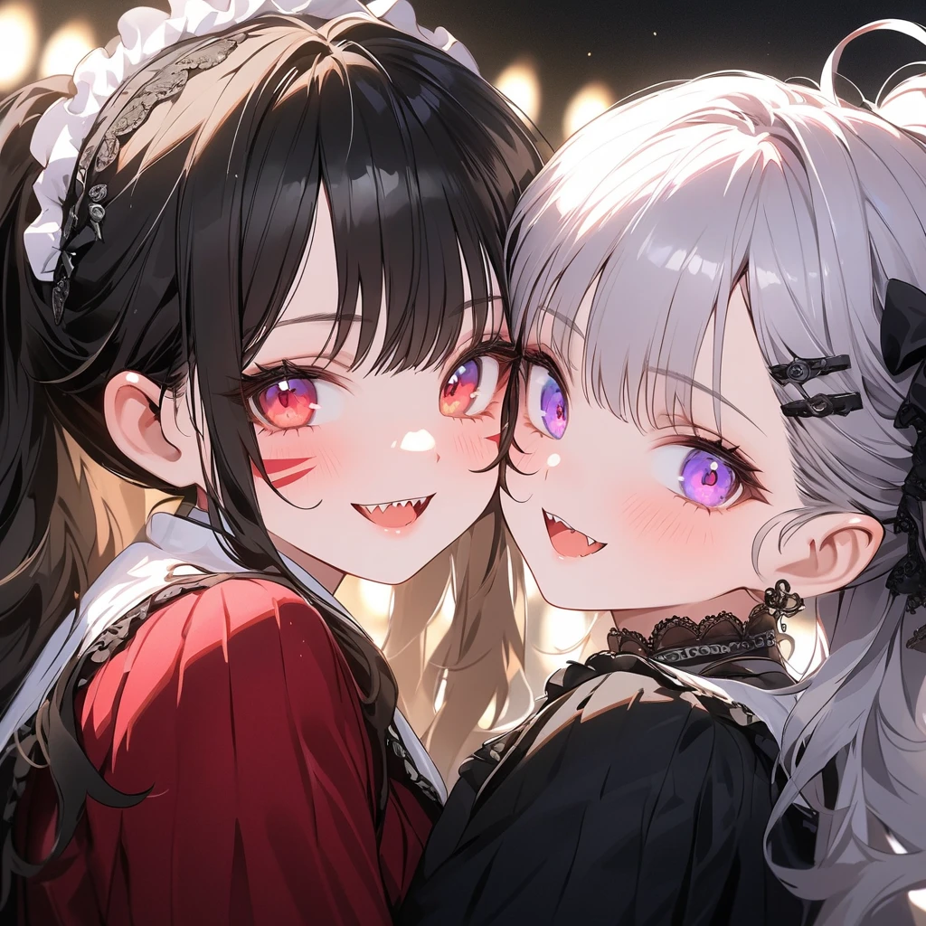 ((Masterpiece)), (High Definition:1.3), cinematic lighting, 2girl, (kissing), cat ears, cute lips(super detail), saliva dripping, very blush, ((girl on the right open her eyes wide)), girl on the left close her eyes