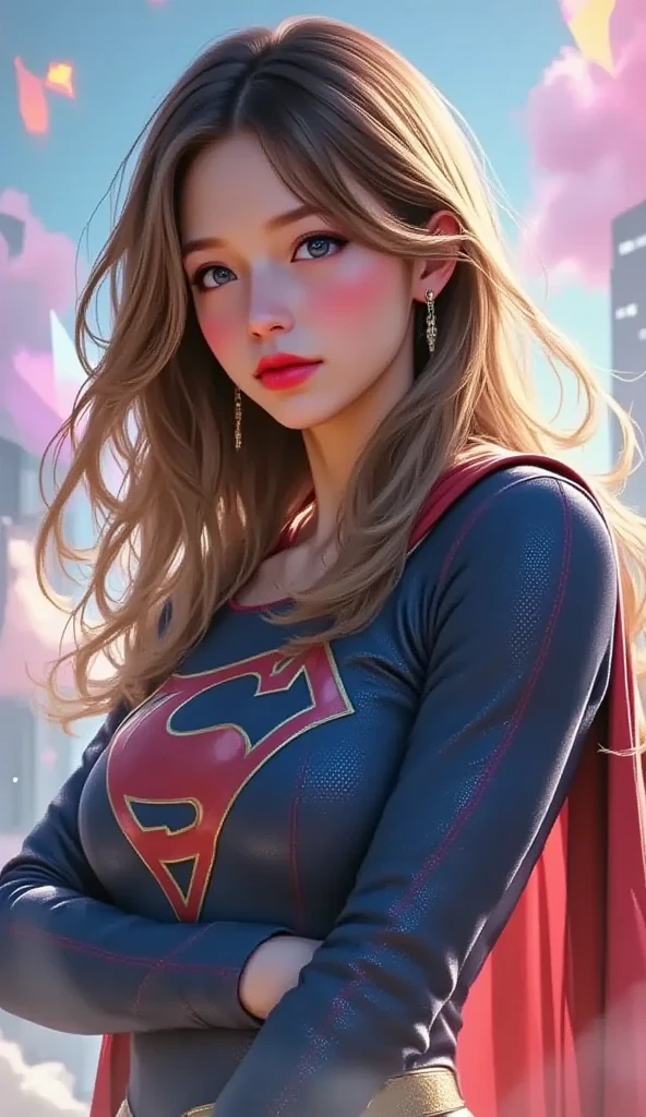 SUPERGIRL, WEARING A SUPERGIRL COSTUME AND CAPE, STANDING POSE, streaked hair, BLUE eyes, RED colored eyelashes, puckered RED lips, textured skin PORES, super detail, high details, high quality, best quality, 4K, 8k