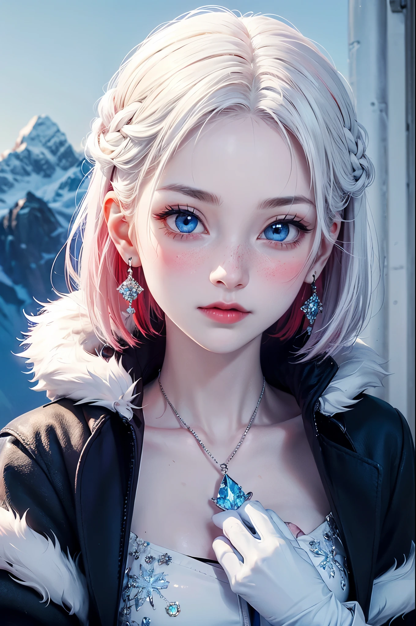 One girl, young girl, ((short hairs, white hairs)), ((pale skin)), icy mountain top, semi realistic, blue eyes, gloves, hair ornaments, semi realistic,blue crystal, earrings, snowflakes, ((extremely detailed eyes)),((excessive red blush)), red blushing nose, ((coat, fur)), light directly on face, glowing face