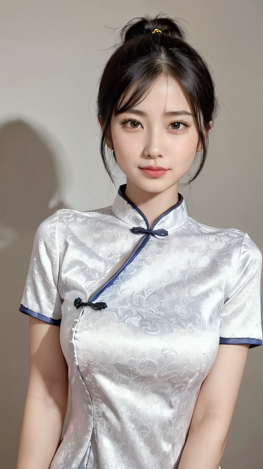 Random Pause, Mix 4, (8k, Original photo, Highest quality, masterpiece:1.5), (Actual, Vibrant: 1.4), Skinny Chinese woman, One girl, charm, Professional Lighting, Photon Mapping, Radio City, Physically Based Rendering, Gradient black hair, bun, good looking, (Chinese dress:1.5), High resolution, 1080P, (Beautiful Face), (Detailed facial depiction), (Detailed description of the hand), (Detailed CG), Extreme light and shadow, Messy Hair, Lots of details, (exquisite features), (Highest quality photos), (Beautiful Eyes), Look in front of you, Thin clavicle, (Background:Chinese restaurant), (smile)