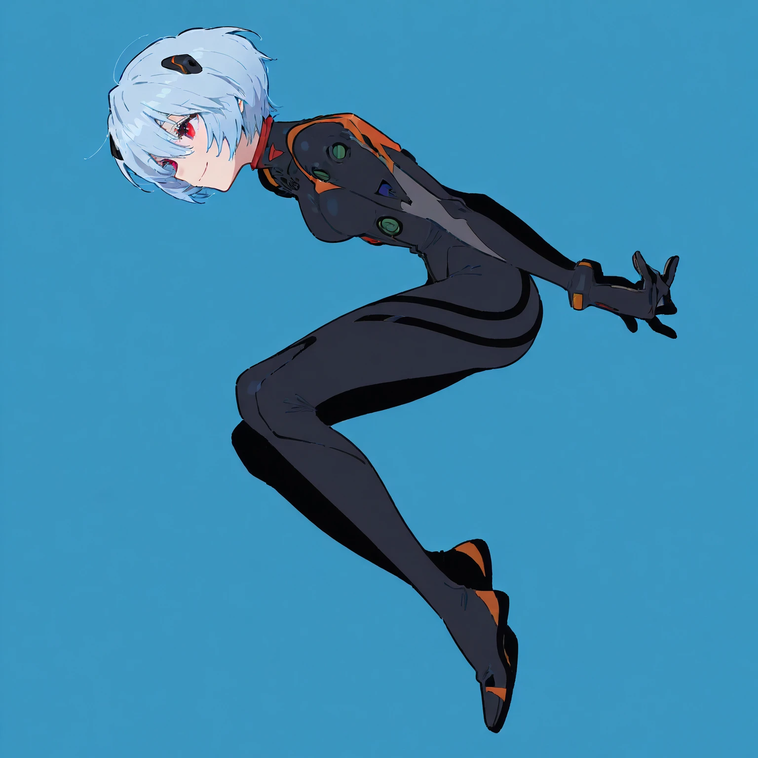 Masterpiece, best quality, simple background,Blue background,flat color,     1girl     ,full body, , from side, smile,,           Neon Genesis Evangelion  、            top quality  , Masterpiece,   Rei Ayanami、   light blue hair with a slender body、  short hair、  red eyes 、Black plug suit   、     黒いスーツ、upper body