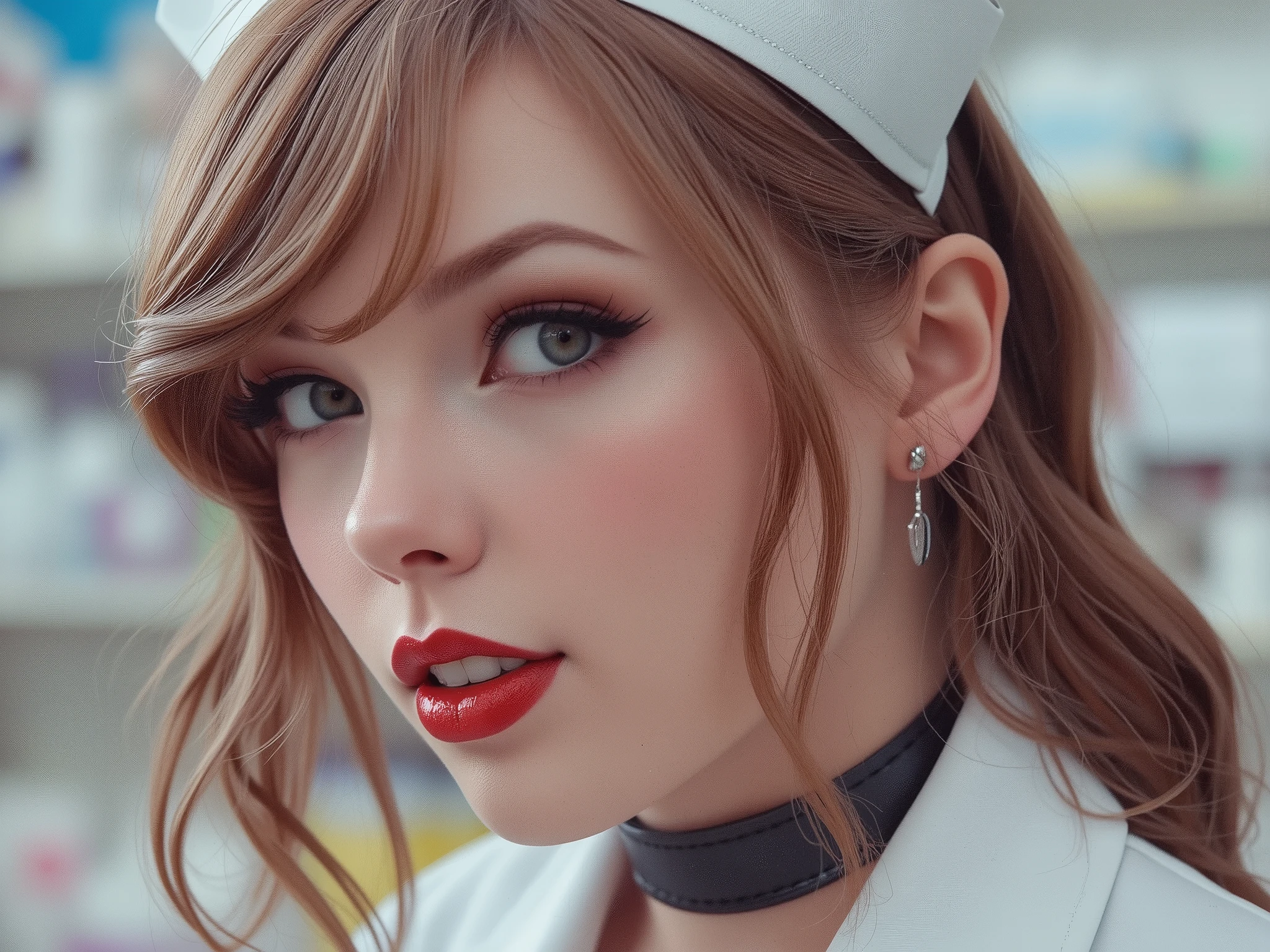 close up portrait of a pharmacist wearing a latex uniform, she is wearing red lip gloss, latex, kinky latex, latex choker, nurse hat, deep red lip vinyl gloss, extreme thot egirl makeup