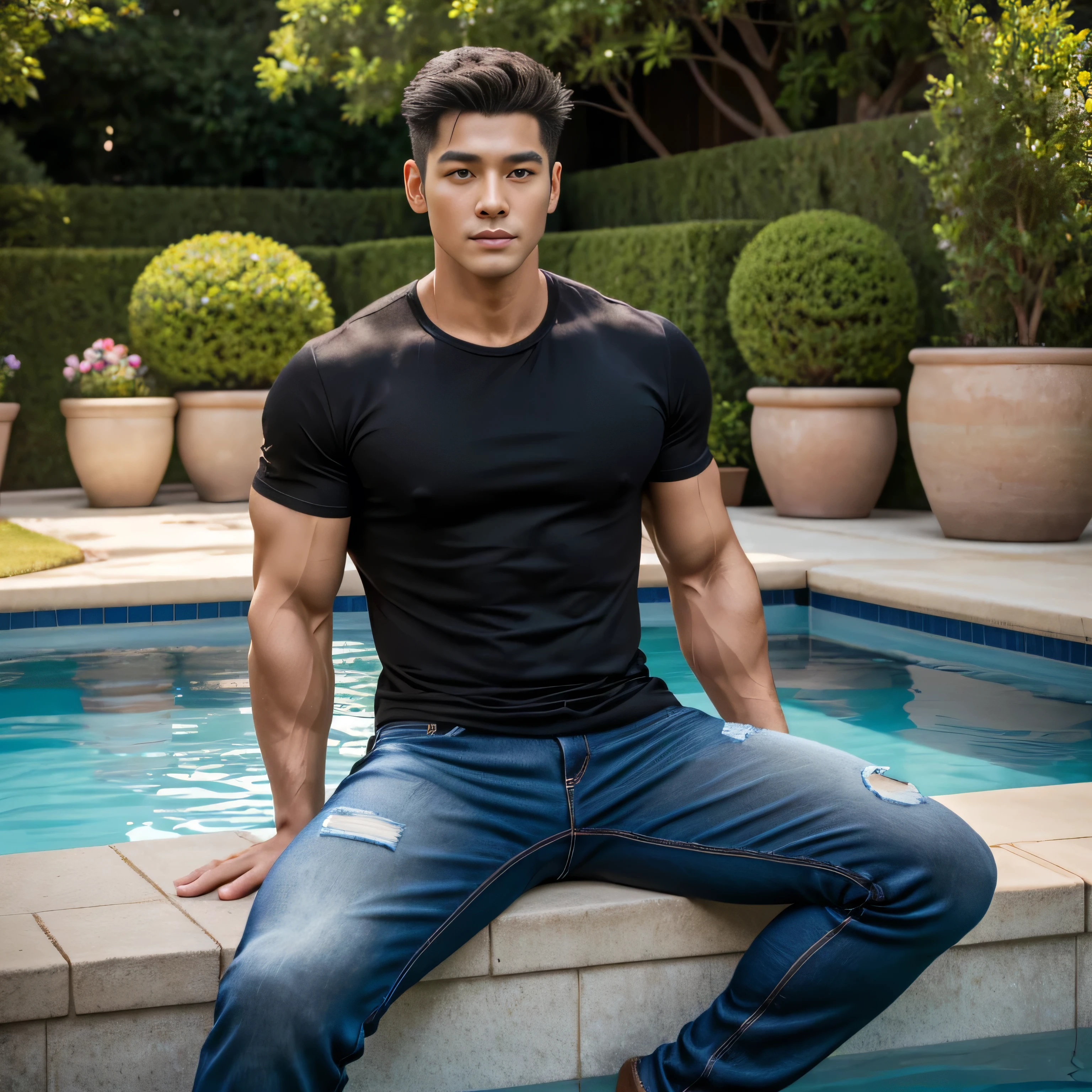 35 year old handsome , One Man,、 muscularity、アメリカ人の顔。 black shirt 、 501jeans similar to Kim Seol-young、 shorthair 　、Pool、 open leg 。 is sitting、 black shirt 、 slim jeans similar to Kim Seol-young 、 Lift your upper body 、Focus on facial expressions　Turkish
