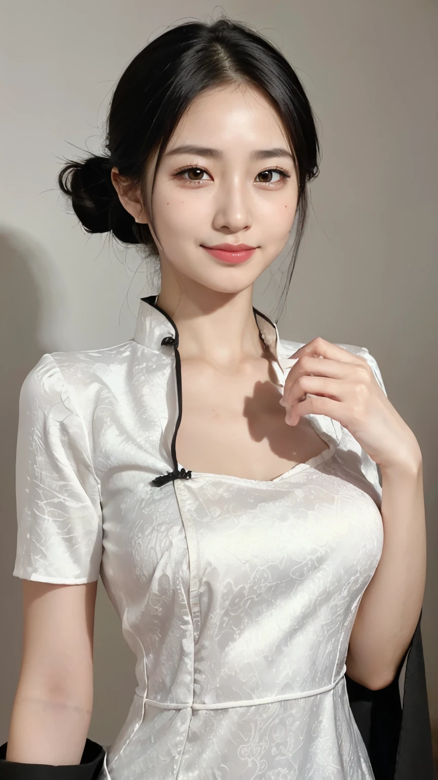 Random Pause, Mix 4, (8k, Original photo, Highest quality, masterpiece:1.5), (Actual, Vibrant: 1.4), Skinny Chinese woman, One girl, charm, Professional Lighting, Photon Mapping, Radio City, Physically Based Rendering, Gradient black hair, bun, good looking, (Chinese dress:1.5), High resolution, 1080P, (Beautiful Face), (Detailed facial depiction), (Detailed description of the hand), (Detailed CG), Extreme light and shadow, Messy Hair, Lots of details, (exquisite features), (Highest quality photos), (Beautiful Eyes), Look in front of you, Thin clavicle, (Background:Chinese restaurant), (smile)