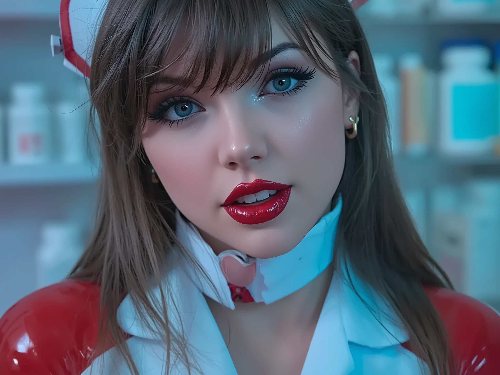 close up portrait of a pharmacist wearing a latex uniform, she is wearing red lip gloss, latex, kinky latex, latex choker, nurse hat, deep red lip vinyl gloss, extreme thot egirl makeup