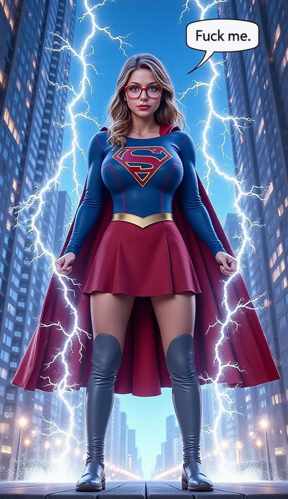 SCREAMING IN PLEASURE AS LIGHTNING FLOWS FROM HER EYES AFTER BEING ELECTROCUTED. 3D ANIMATED STYLE.  LARGE "S" EMBLEM APPEARS ON HER CHEST, BODY GROWING LARGER AS SHE TRANSFORMS INTO SUPERMAN. A SEXY YOUNG AUSTRALIAN GIRL WITH BLUE EYES, RED GLASSES, WHITE AND SILVER HAIR BRAIDED, WEARING A BLUE CORDUROY 1980 SUPERMAN COSTUME AND RED CAPE STARING AT THE VIEWER. PHOTO REALISTIC, INTRICATE DETAILS, INTICATE TEXTURES, PROESSIONAL 4K RENERING. POWERING UP, SEMI REALISTIC..(TEXT BUBBLE SAYING FUCK ME).