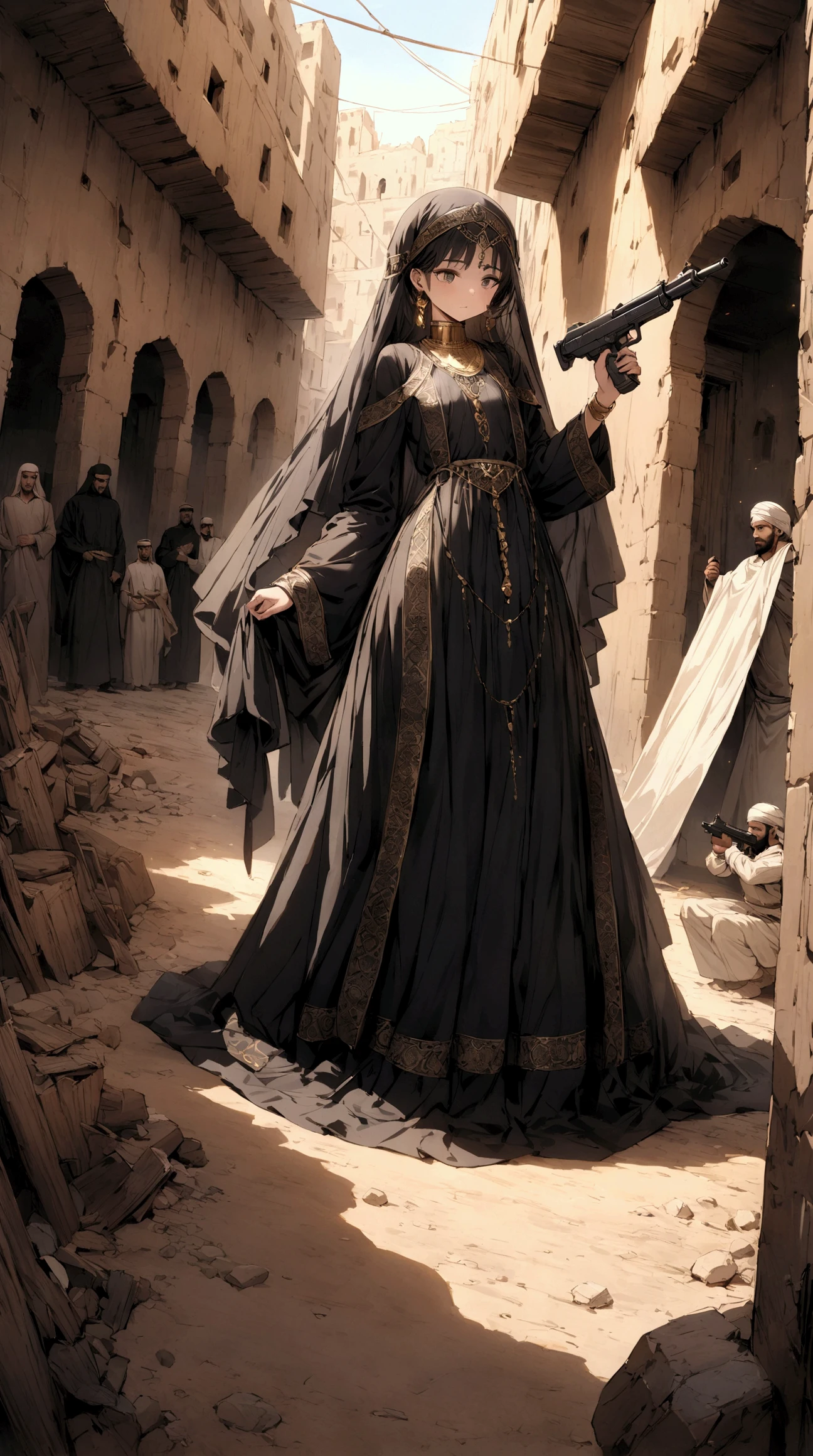 (full body of a medieval woman with a Hajib covering her mouth, She wears noble clothes and has brown eyes ), (innocent features)(cicatriz), ((good detailed eyes)) rosto ultra detaild, rpg concept art, art by greg rutkowski, art by ruan jia, arte de Ilya kuvshinov, ambiente darker, darker, character sheet, ultra detaild, ultra quality[