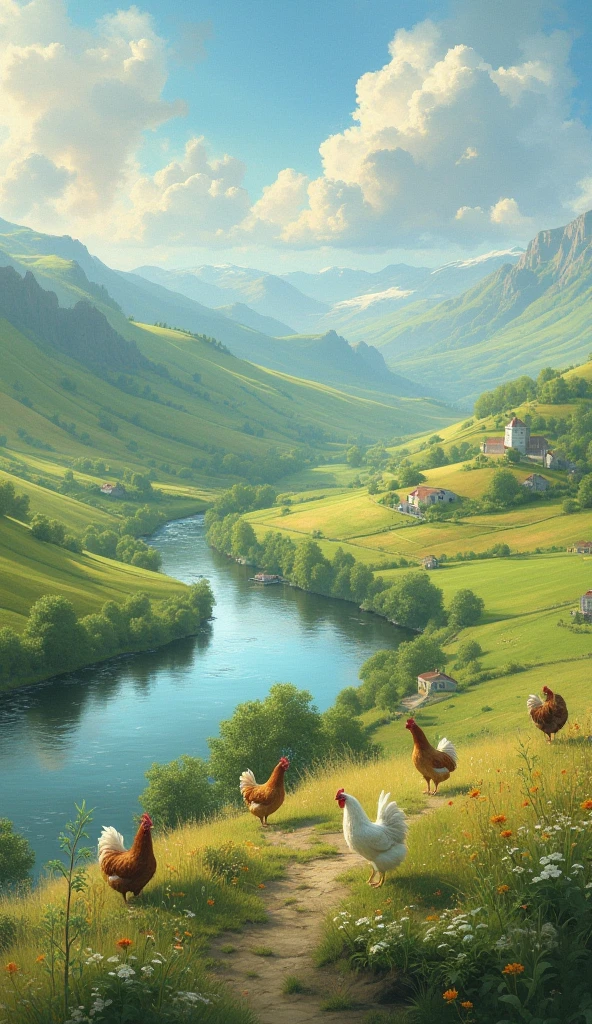 Landscape in the countryside,river,chicken