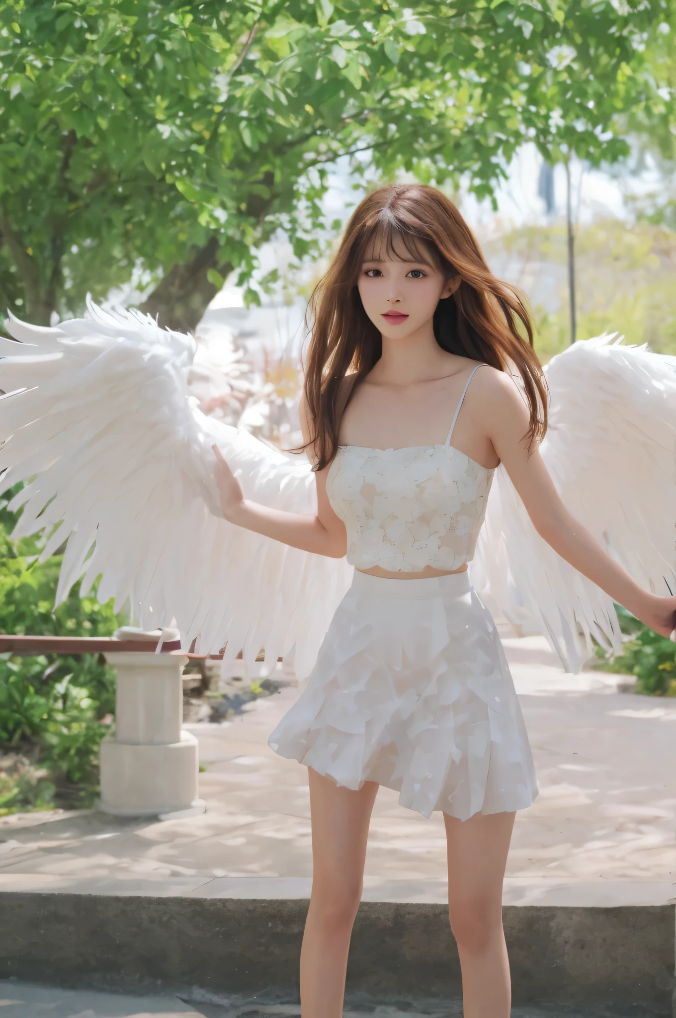 High Resolution , Best Quality, masterpiece, Ultra HD, Ultra HD, Hyper-Reality, 3d, Japanese cartoons, illustration, unique , Very pretty and lovely woman in her twenties, She was wearing a light white floral mini skirt,Fluttering wings, Her hair is swaying, whole body, perfect body proportions, #1: Shiny Light Brown Medium Hair , High-level cutting, mackerel hairstyle , bright blue eyes , happy , Shy