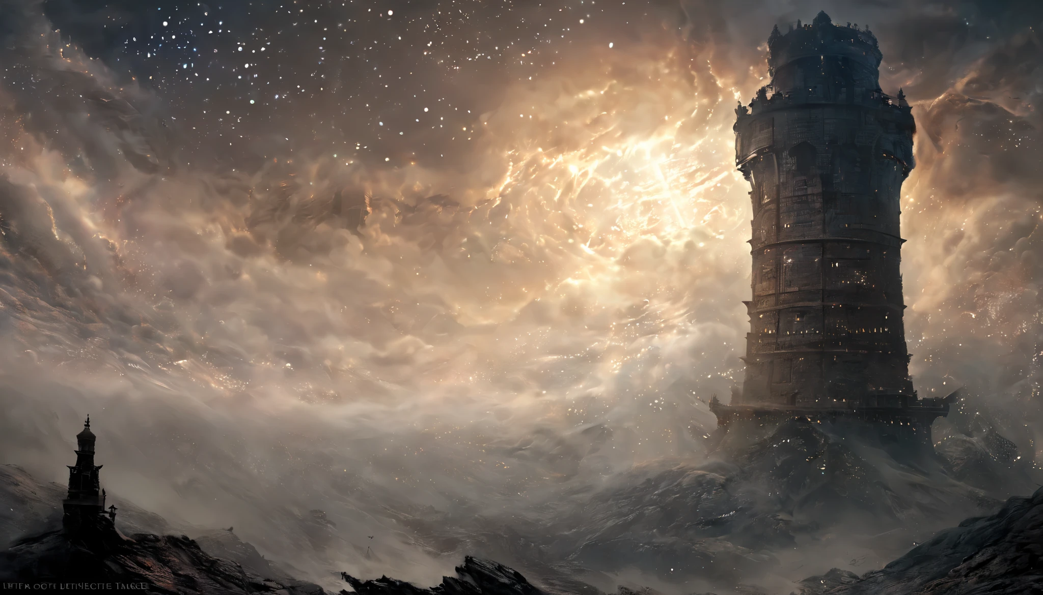 Amid Distant Fog and Haze , Ridiculously Desolate Scenery , Mysterious Tower Floating in the Sky , Faint Signs , Movie-like
Mysterious works of art drawn with strange techniques, Starry Sky, Tall and Beautiful Artwork , Delicate and Dynamic Textures , contrast between light and dark , Graphic CG Digital Art , Ultra Detailed , absolute resolution, best quality