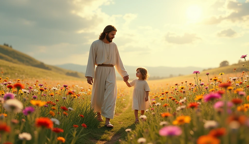 Jesus walking in the green field with the sunset, holding a child&#39;s hand 