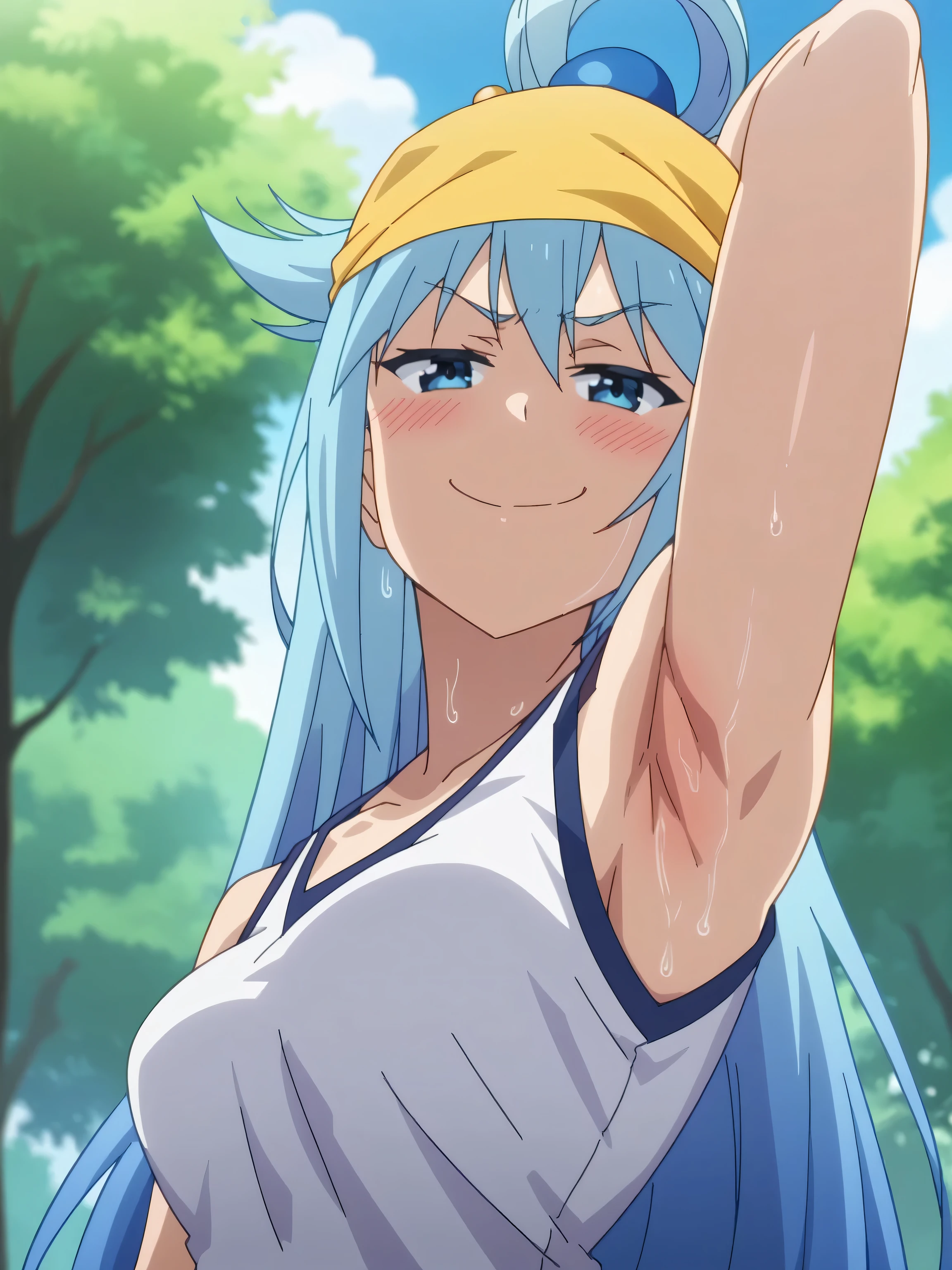 score_9, score_8_up, score_7_up, source_anime, anime screencap, 1girl, solo, aqua \(konosuba\), long hair, blue eyes, very long hair, blue hair, (white tank top, yellow bandana:1.2), sleeveless, bare shoulders, bare arms, arm behind head, armpit, head towards viewer, smile, closed mouth, badhandv4, outdoors, day, park, sweaty, collarbone, white straps, medium breasts, from side, (from below:1.1), smug, blush, half-closed eyes 
