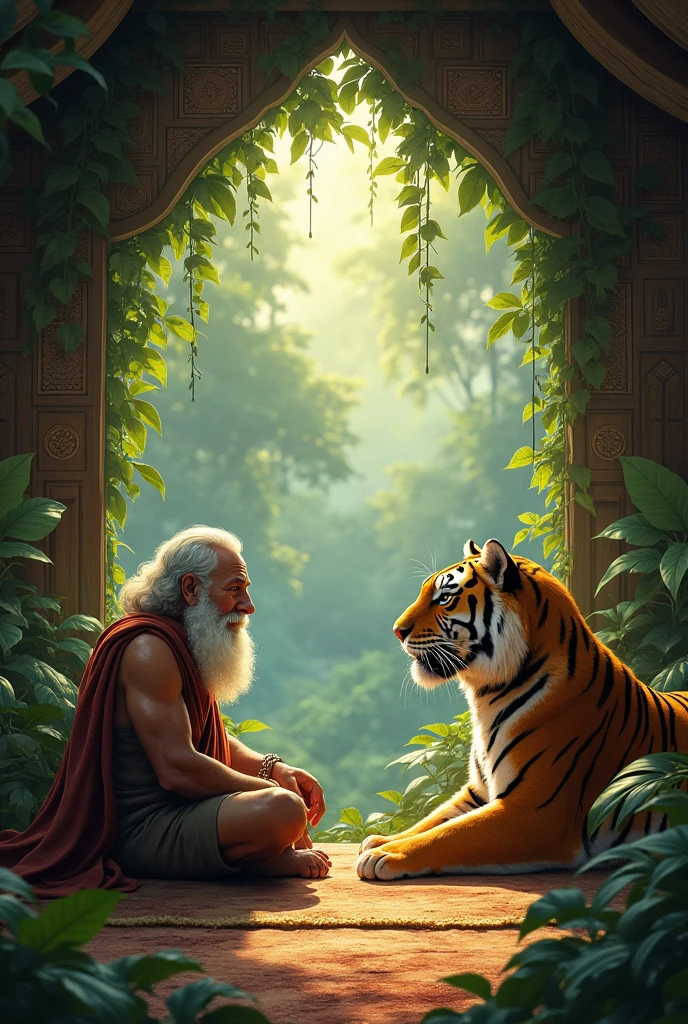 Video 16:9,A 200 year old old man is sitting in a dense forest, meditating, guarding him. Wild ferocious animals numbering 17 to 22 are sitting around him. In the Indian environment, a 35 year old young hot woman is dancing with her pallu dropped. To distract that old man's attention