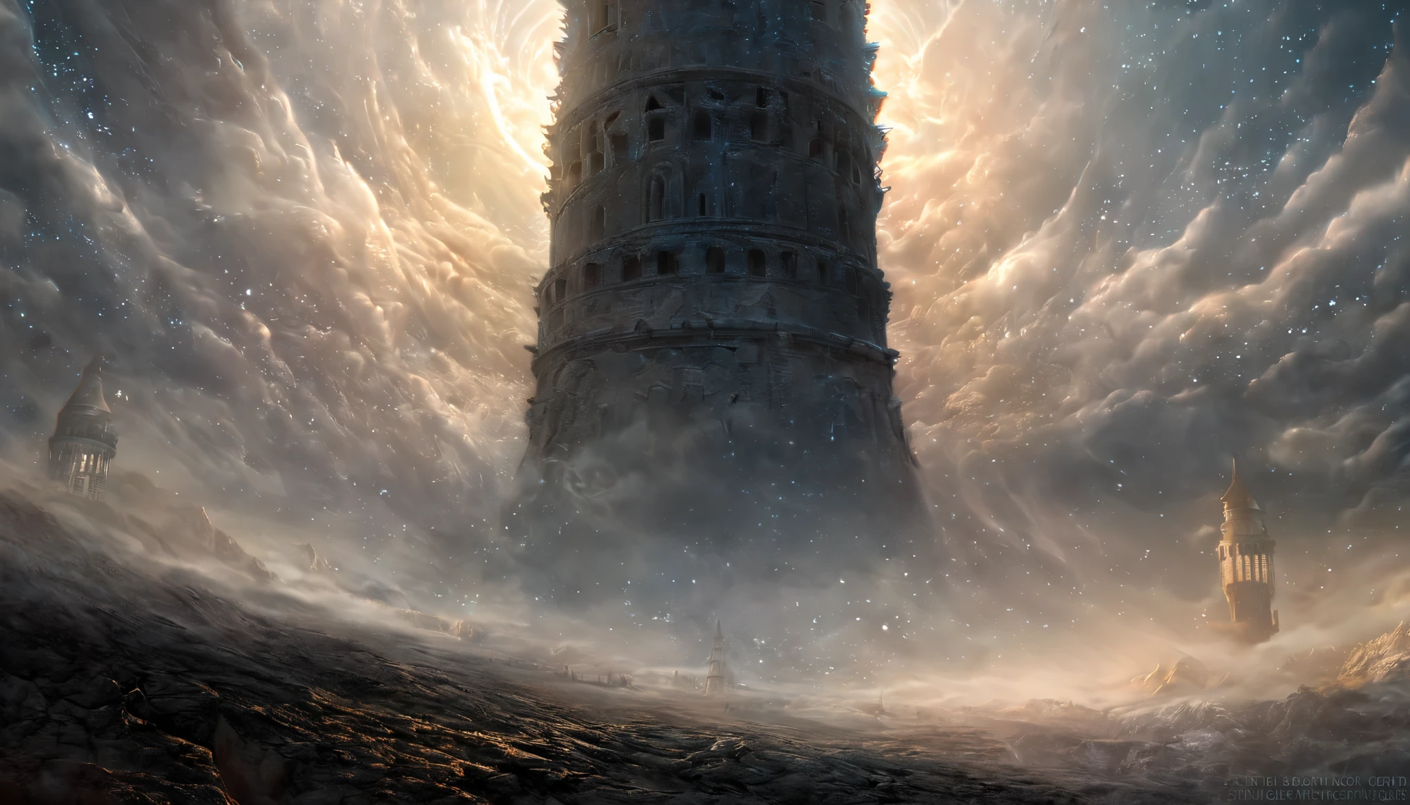  Amid Distant Fog and Haze ,  Ridiculously Desolate Scenery ,  Mysterious Tower Floating in the Sky , Faint Signs ,  Movie-like
Mysterious works of art drawn with strange techniques, Starry Sky,  Tall and Beautiful Artwork ,  Delicate and Dynamic Textures ,  contrast between light and dark ,  Graphic CG Digital Art ,  Ultra Detailed ,   absolute resolution,  best quality 