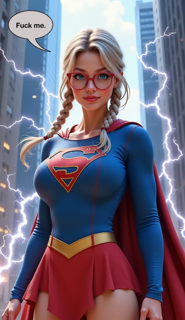 SCREAMING IN PLEASURE AS LIGHTNING FLOWS FROM HER EYES AFTER BEING ELECTROCUTED. 3D ANIMATED STYLE.  LARGE "S" EMBLEM APPEARS ON HER CHEST, BODY GROWING LARGER AS SHE TRANSFORMS INTO SUPERMAN. A SEXY YOUNG AUSTRALIAN GIRL WITH BLUE EYES, RED GLASSES, WHITE AND SILVER HAIR BRAIDED, WEARING A BLUE CORDUROY 1980 SUPERMAN COSTUME AND RED CAPE STARING AT THE VIEWER. PHOTO REALISTIC, INTRICATE DETAILS, INTICATE TEXTURES, PROESSIONAL 4K RENERING. POWERING UP, SEMI REALISTIC..(TEXT BUBBLE SAYING FUCK ME).