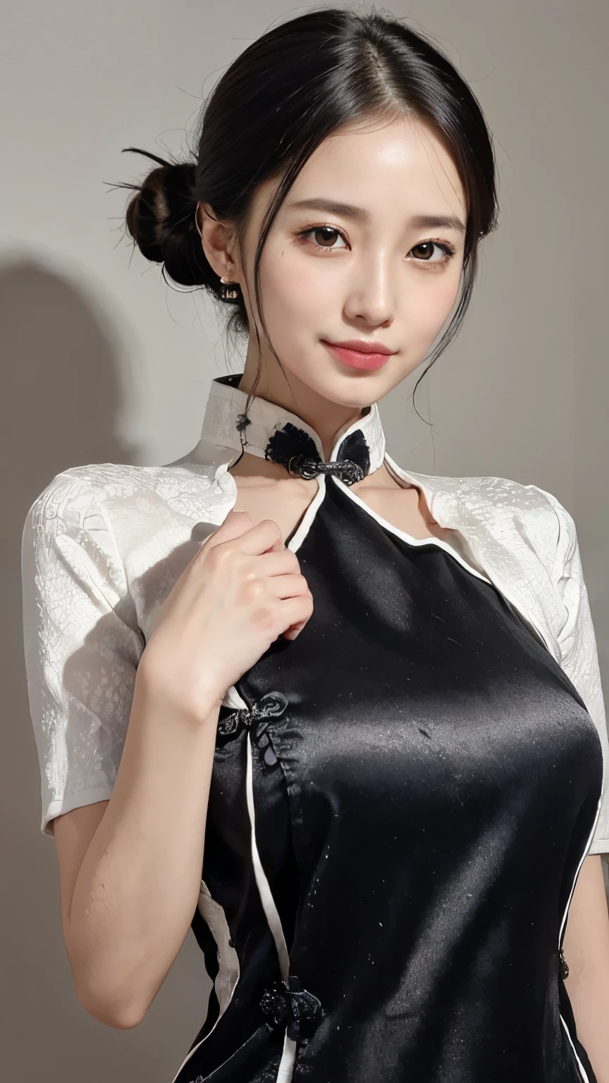 Random Pause, Mix 4, (8k, Original photo, Highest quality, masterpiece:1.5), (Actual, Vibrant: 1.4), Skinny Chinese woman, One girl, charm, Professional Lighting, Photon Mapping, Radio City, Physically Based Rendering, Gradient black hair, bun, good looking, (Chinese dress:1.5), High resolution, 1080P, (Beautiful Face), (Detailed facial depiction), (Detailed description of the hand), (Detailed CG), Extreme light and shadow, Messy Hair, Lots of details, (exquisite features), (Highest quality photos), (Beautiful Eyes), Look in front of you, Thin clavicle, (Background:Chinese restaurant), (smile)