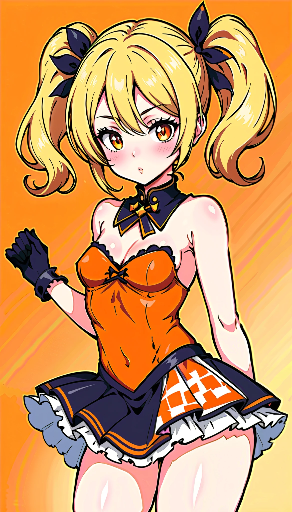 Doki Doki Virtual Idol, gorgeous and sexy live costume, blonde twin tails, attractive eyes, orange background