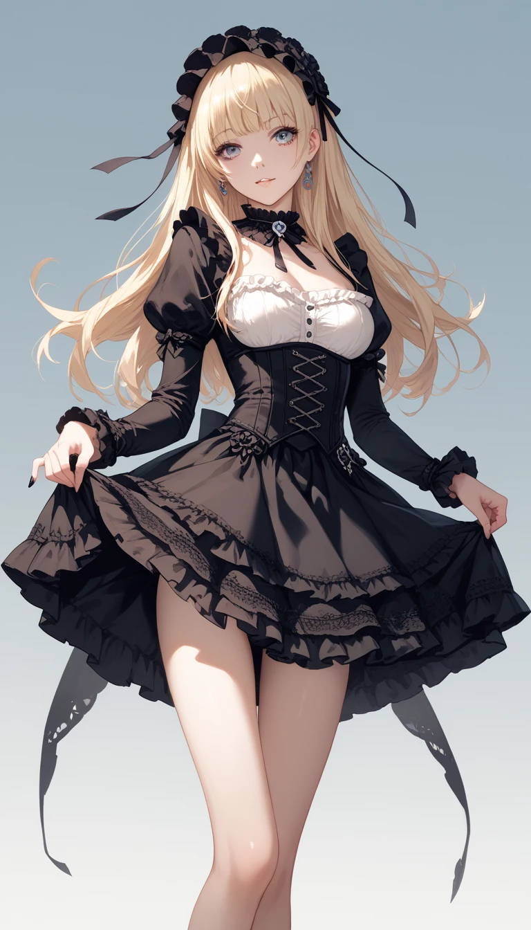 [black:aqua:0.65] theme, masterpiece, a girl's masterpiece, detailed visual art, blue eyes, light blonde hair, long hair, collarbone, royal princess, elegant, gorgeous quinceanera corset, corset piercing, detailed layered skirt, [detailed frills: 0.1], [frilled dress: 0.1], embroidery, [details princess dress: 0.1], off-the-shoulder, big breasts: 1.3, open crotch, thigh seam, garter belt, groin, [NSFW|uncensored], (simple background: 1.1), low-winged, full-body --auto