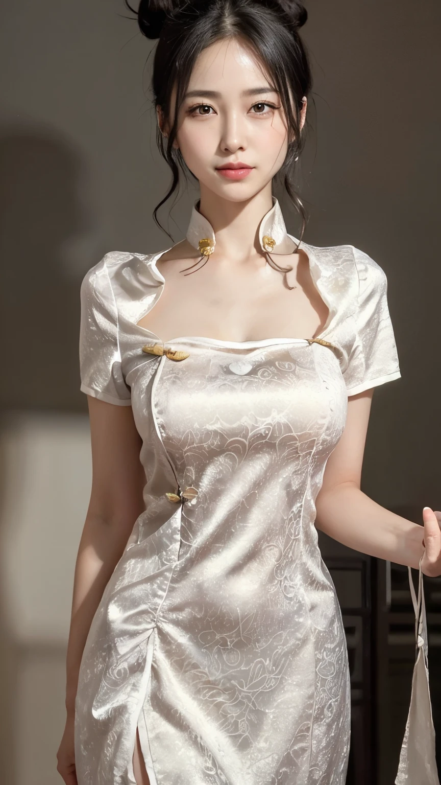 beautiful a girl、high-level image quality、Like a shot with an SLR、Sensual body、chinese clothes、Put a slit in the clothes on the thigh、Painting a work of art depicting a woman in a traditional cheongsam