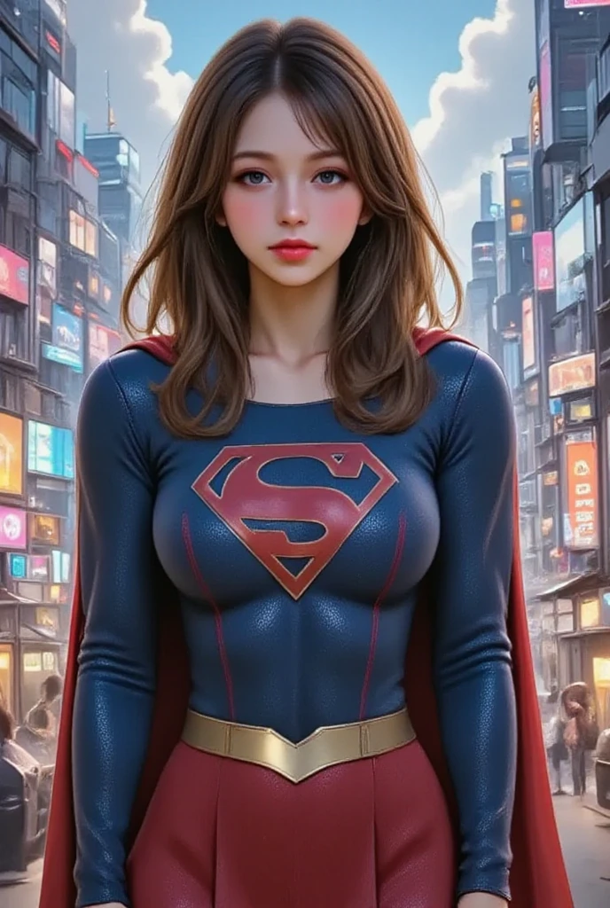 FULL VIEW OF A LIGHT BLUE EYED SUPERGIRL, WEARING A SUPERGIRL COSTUME AND CAPE, STANDING POSE, streaked hair, BLUE eyes, colored eyelashes, puckered lips, textured skin, super detail, high details, high quality, best quality, 4K, 8k. TOKYO BACKGROUND.