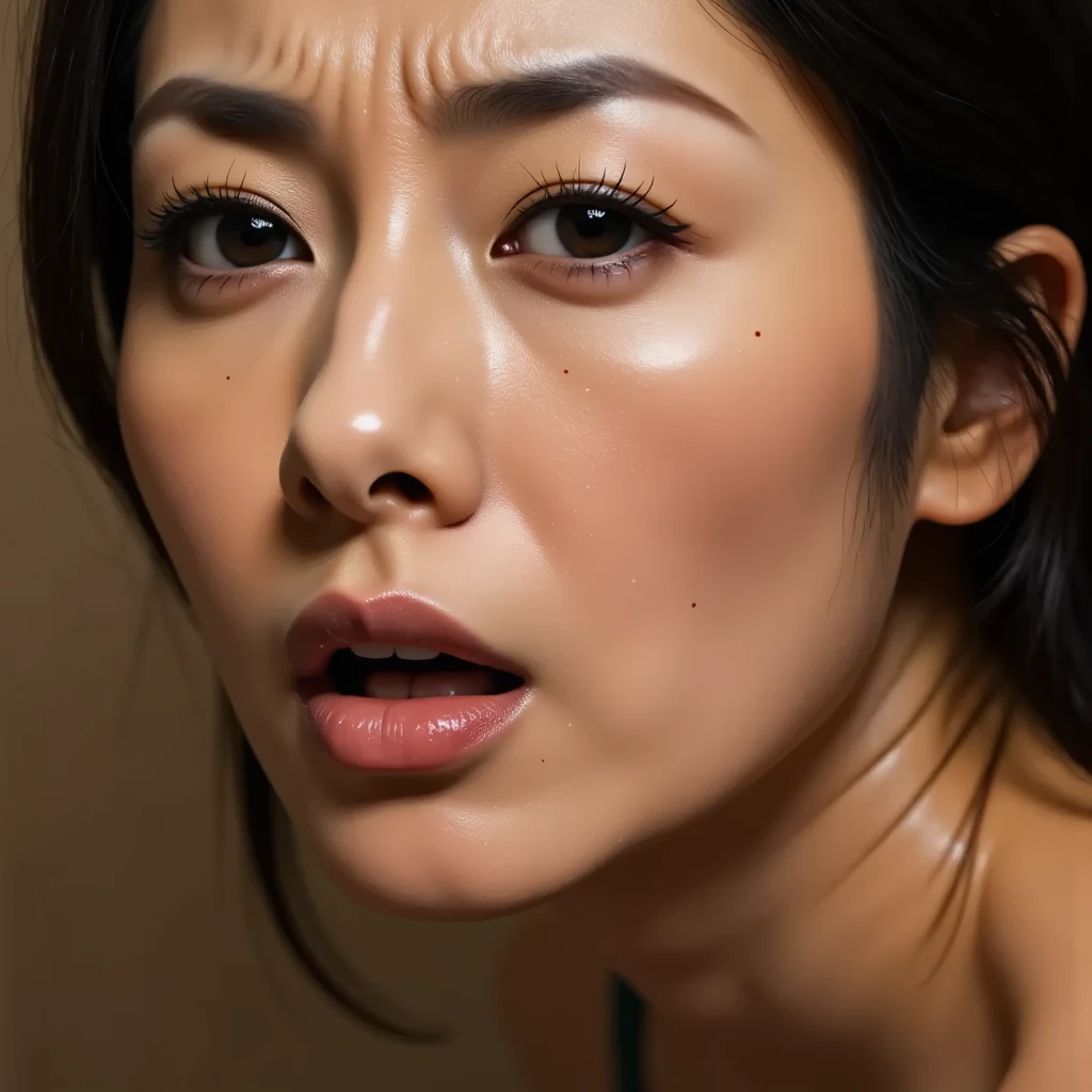 beautiful japanese actress,realism, surrealism, Depth of the bounds written, Hmm, retina, anatomically correct, rough skin, High resolution, highest quality, Super detailed, 8k, I opened my mouth and opened my eyes..,35 years old、black haired、very small toilet,,tied hair,,,medium shot,moan, saliva trace, roll your eyes, I furrowed my brow., crazy eyes, 