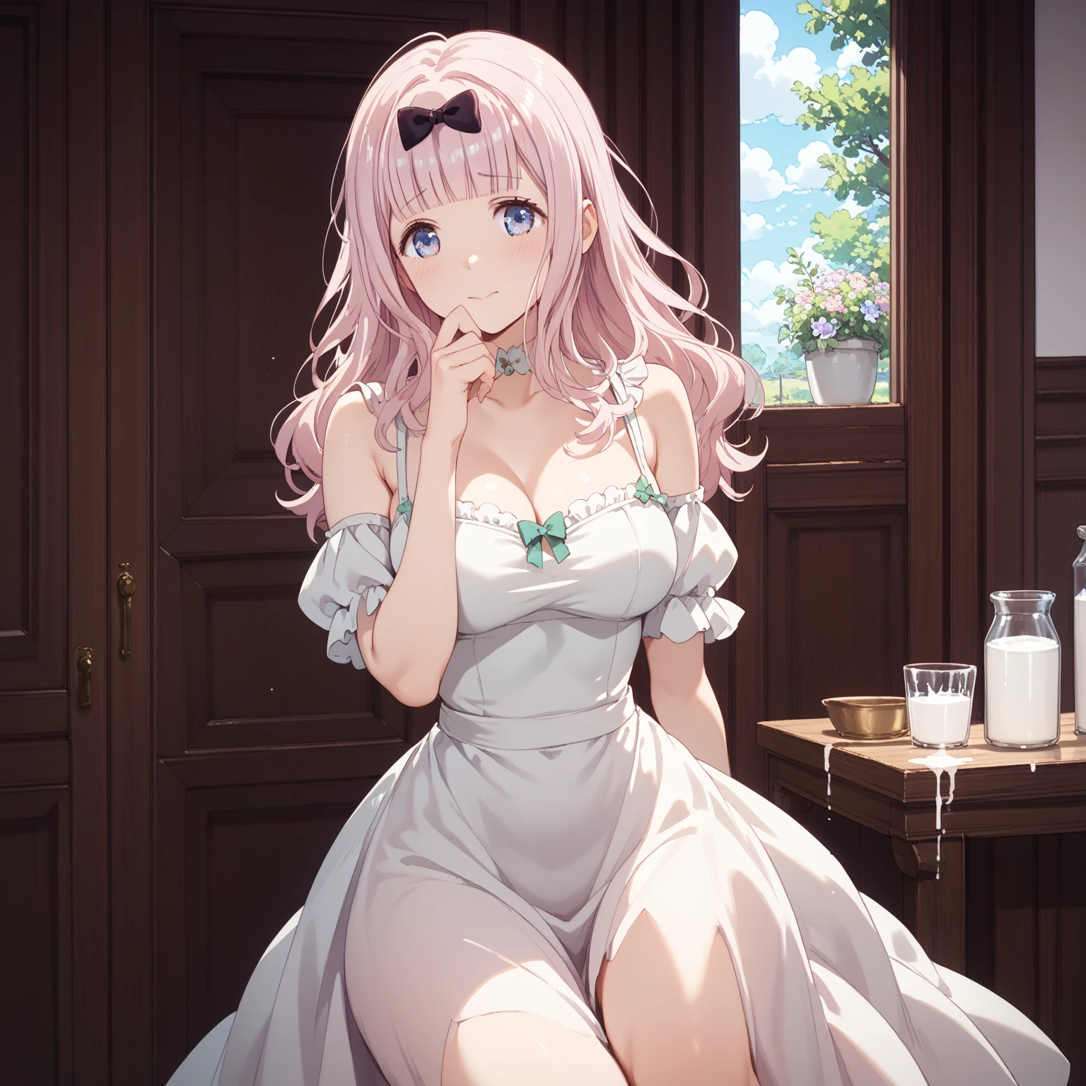 sexy, chikafujiwara, chika fujiwara, long hair, bangs, blue eyes, bow, pink hair, (hair bow:1.2), blunt bangs, black bow, smile, open mouth, BREAK naked body, visible breasts, beautiful pose, looking at viewer, (cowboy shot:1.5), BREAK (masterpiece:1.2), best quality, high resolution, unity 8k wallpaper, (illustration:0.8), (beautiful detailed eyes:1.6), extremely detailed face, perfect lighting, extremely detailed CG, (perfect hands, perfect anatomy)

