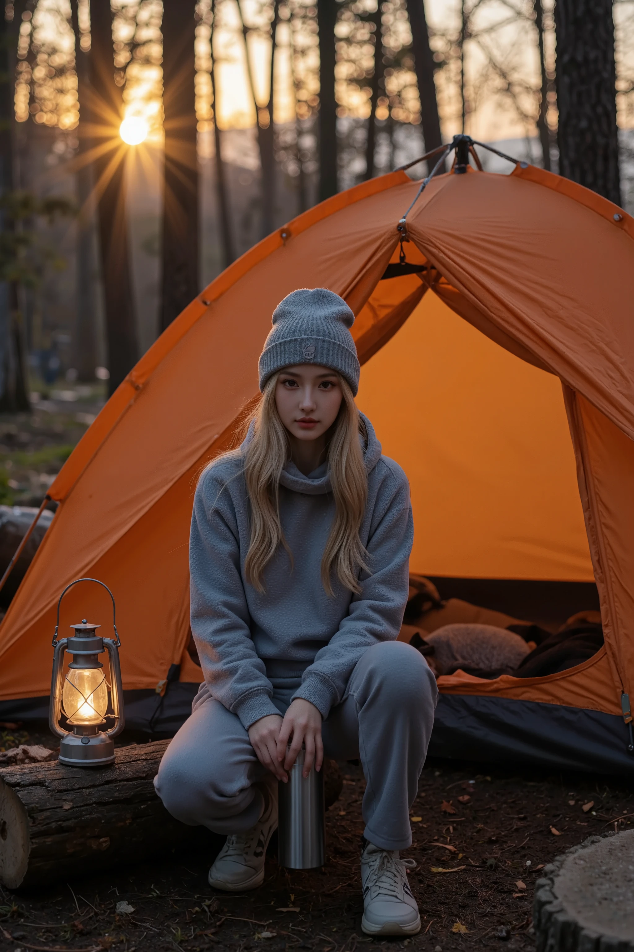A professional outdoor photography of a beautiful young blond woman camping the wood; Asian woman; she wearing an fleece jacket, sweatpants and gray wool hat; she sitting outside of her orange tent on a wood log; she holding a thermos; a light-up camping lantern next to her; winter season; cozy atmosphere; sunset; sunset light; back lighting; depth of field; intricate detailed