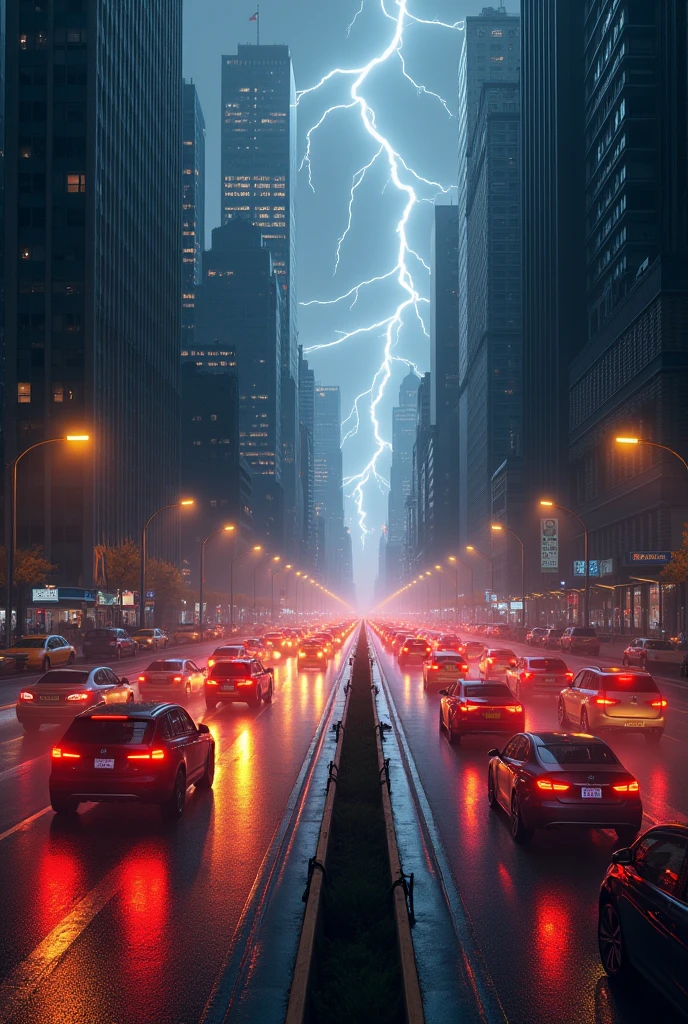 City at night in storm