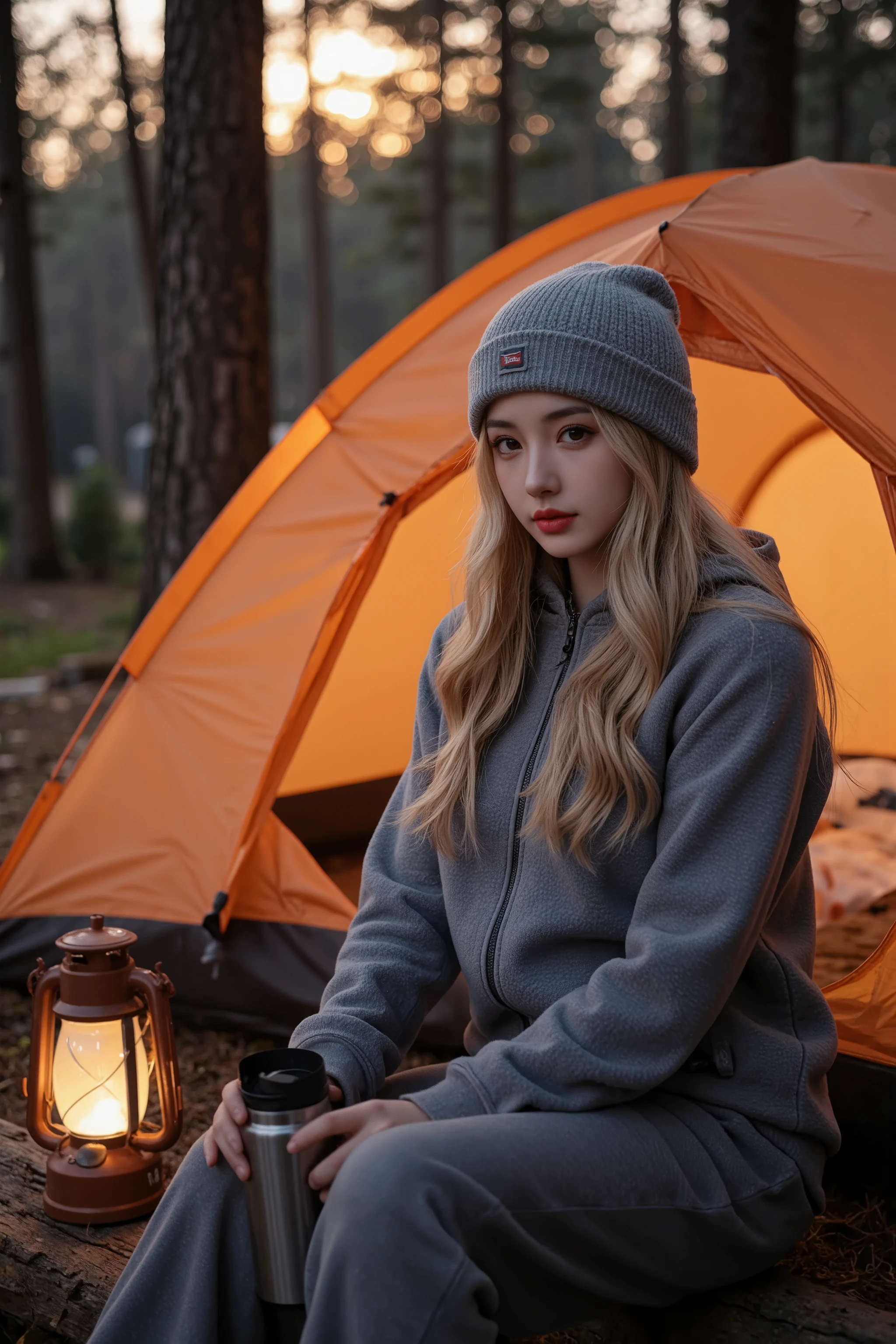 A professional outdoor photography of a beautiful young blond woman camping the wood; Asian woman; she wearing an fleece jacket, sweatpants and gray wool hat; she sitting outside of her orange tent on a wood log; she holding a thermos; a light-up camping lantern next to her; winter season; cozy atmosphere; sunset; sunset light; back lighting; depth of field; intricate detailed