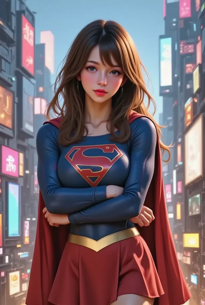 FULL VIEW OF A LIGHT BLUE EYED SUPERGIRL, WEARING A SUPERGIRL COSTUME AND CAPE, STANDING POSE, streaked hair, BLUE eyes, colored eyelashes, puckered lips, textured skin, super detail, high details, high quality, best quality, 4K, 8k. TOKYO BACKGROUND.