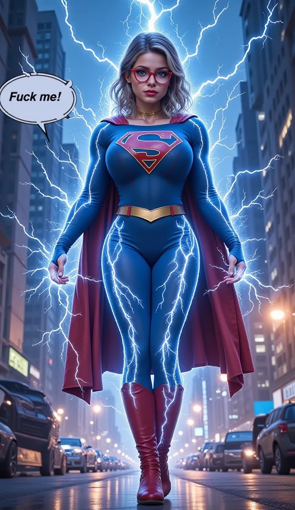 SCREAMING IN PLEASURE AS LIGHTNING FLOWS FROM HER EYES AFTER BEING ELECTROCUTED. 3D ANIMATED STYLE.  LARGE "S" EMBLEM APPEARS ON HER CHEST, BODY GROWING LARGER AS SHE TRANSFORMS INTO SUPERMAN. A SEXY YOUNG AUSTRALIAN GIRL WITH BLUE EYES, RED GLASSES, WHITE AND SILVER HAIR BRAIDED, WEARING A BLUE CORDUROY 1980 SUPERMAN COSTUME AND RED CAPE STARING AT THE VIEWER. PHOTO REALISTIC, INTRICATE DETAILS, INTICATE TEXTURES, PROESSIONAL 4K RENERING. POWERING UP, SEMI REALISTIC..(TEXT BUBBLE SAYING FUCK ME).