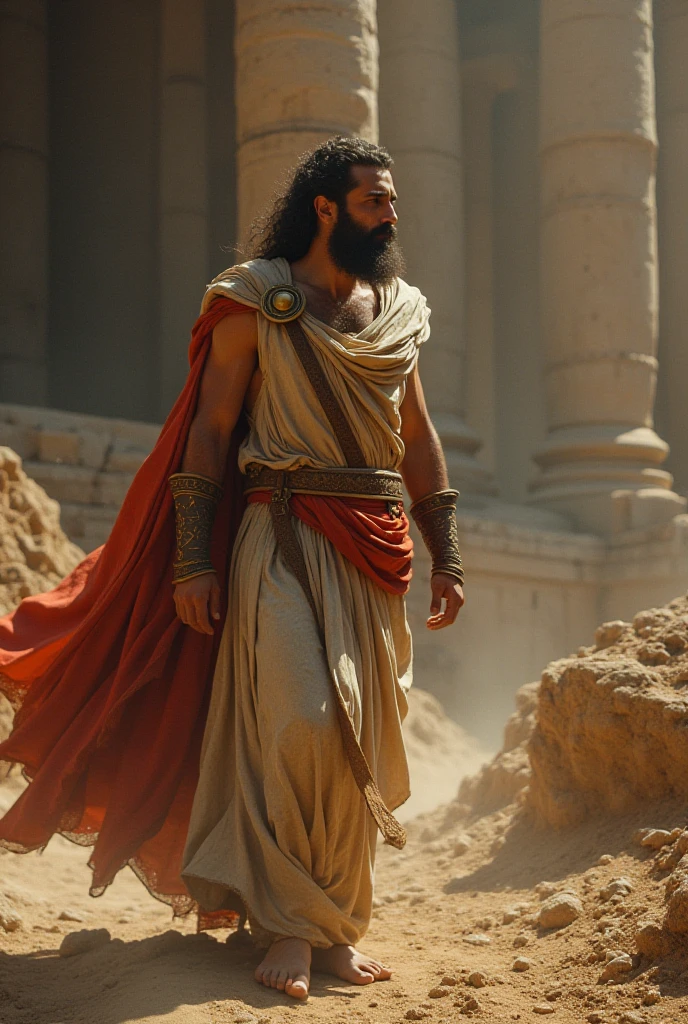 characters: Prometheus - Description: Prometheus - Epoch: Greek Antiquity - Clothing: Greek Tunic and Sandals - Place: Ancient Greece - Action: Presentation of Prometheus - Background: Ancient Greece - Map: Prometheus Close-up - Style: Hyper realistic, photographic realism, cinematography
