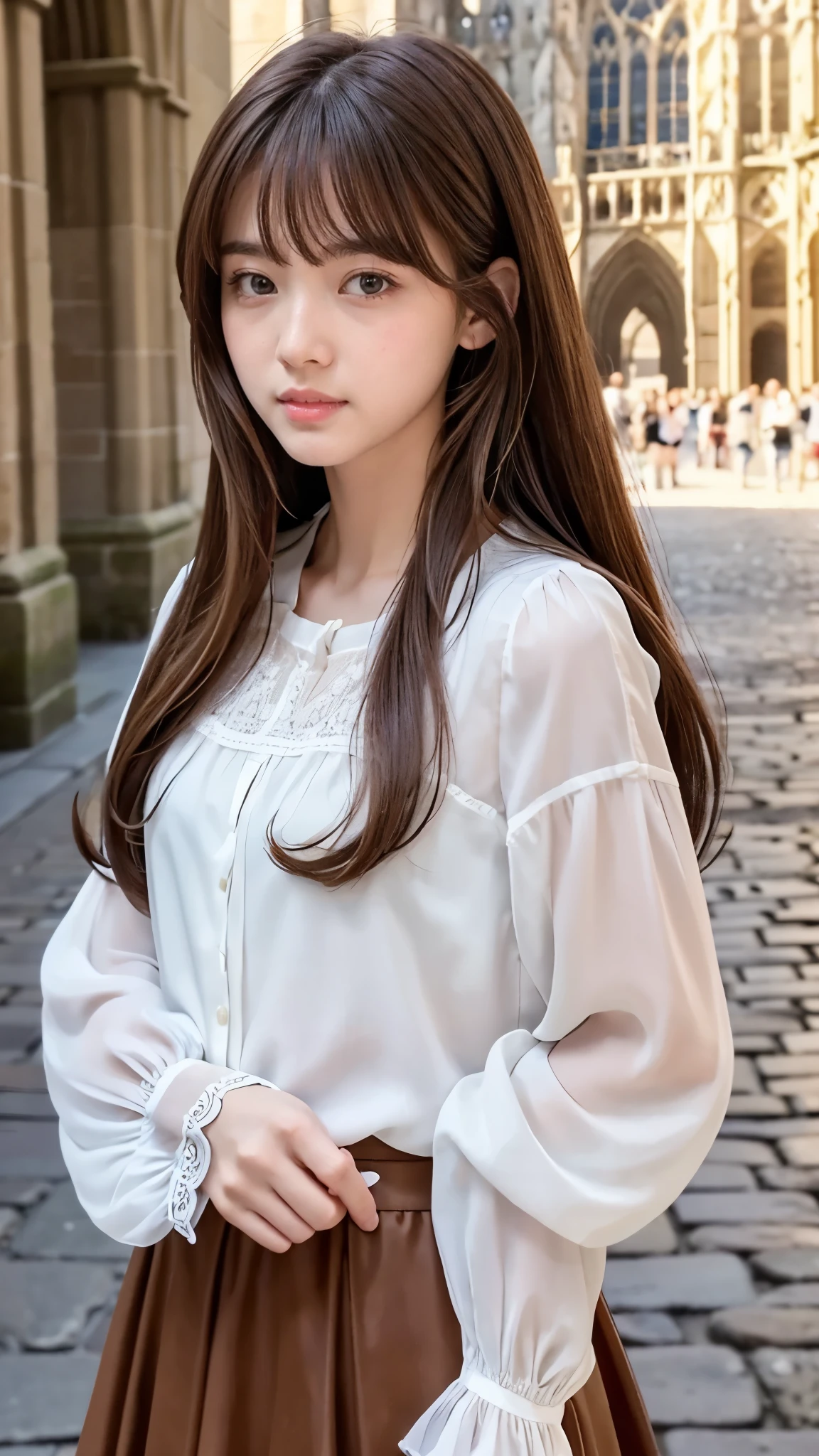 one girl、(beautiful girl、delicate girl:1.3)、(:1.3)、break、(spring clothes:1.3)、break、very fine eyes、(symmetrical eyes:1.3)、break、Perfectly shaped and anthropomorphically correct fingers、break、small breasts、brown eyes、(((longhair)))、parted bangs、brown hair、break、(Eye and face details:1.0)、break、(masterpiece、highest quality、Super detailed) 、detailed face、8k)、Chiffon blouse , A-line skirt, Full body、break、Mont-Saint-Michel Abbey