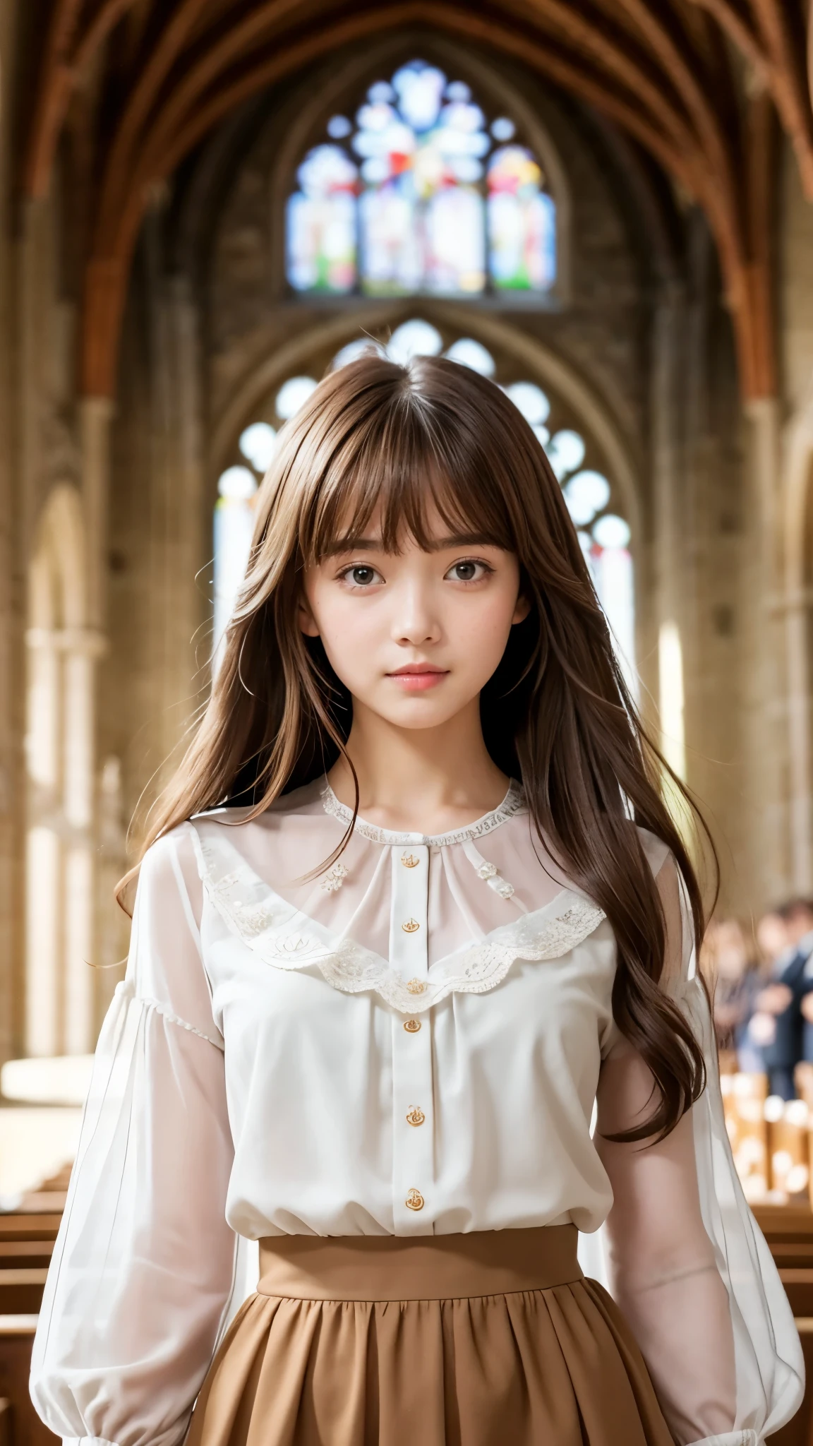 one girl、（beautiful girl、delicate girl：1.3）、（：1.3）、break、（spring clothes：1.3）、break、very fine eyes、（symmetrical eyes：1.3）、break、Perfectly shaped and anthropomorphically correct fingers、break、small breasts、brown eyes、(((longhair)))、parted bangs、brown hair、break、(Eye and face details:1.0)、break、(masterpiece、highest quality、Super detailed) 、detailed face、8k）、Chiffon blouse , A-line skirt, Full body、break、Mont-Saint-Michel Abbey,Inside the church、