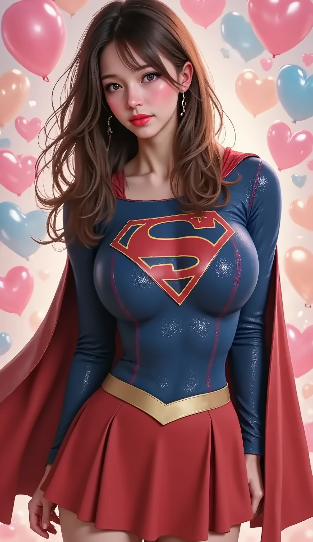 LIGHT BLUE EYED SUPERGIRL, WEARING A SUPERGIRL COSTUME AND CAPE, STANDING POSE, streaked hair, BLUE eyes, RED colored eyelashes, puckered RED lips, textured skin PORES, super detail, high details, high quality, best quality, 4K, 8k. HEARTS BACKGROUND