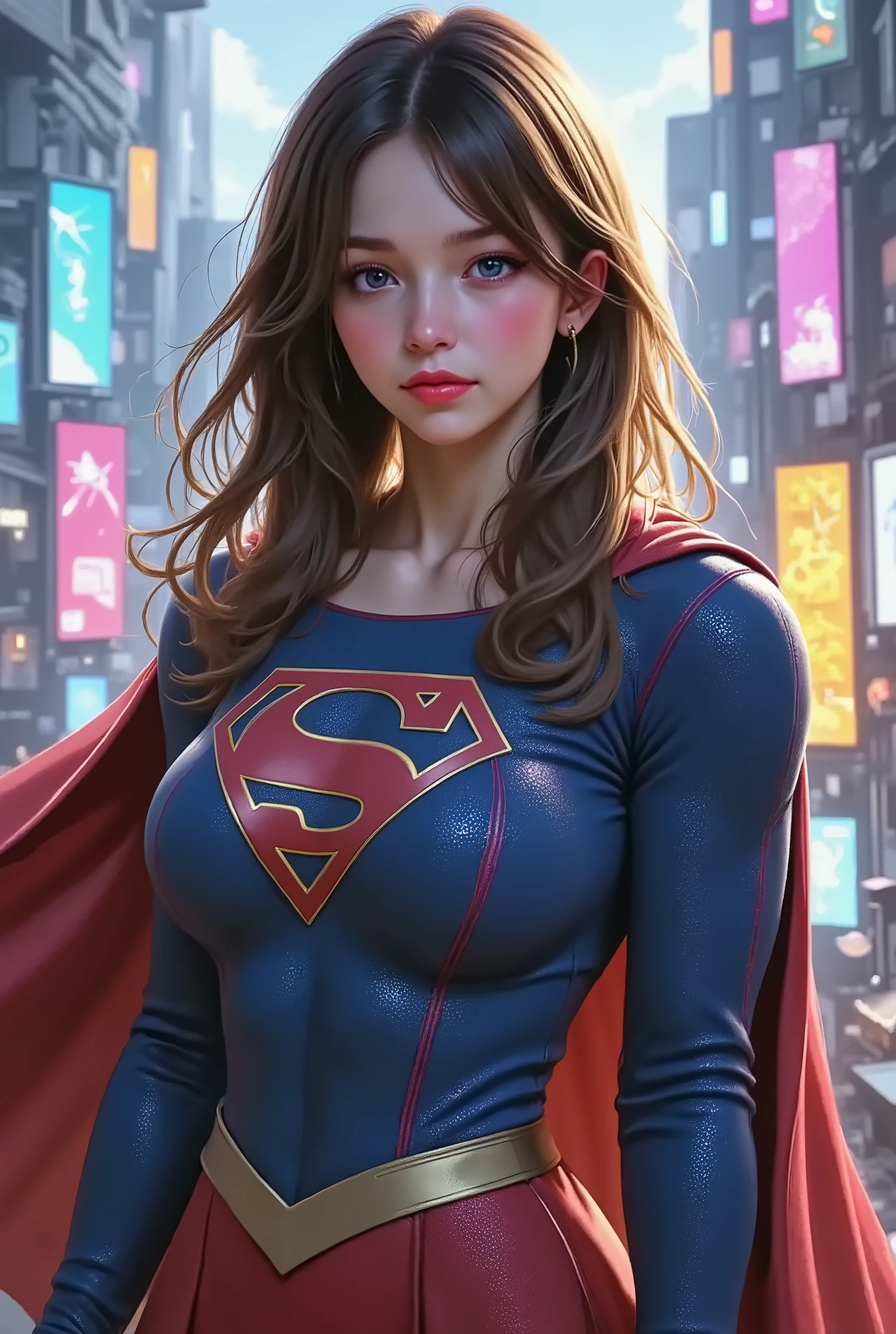 FULL VIEW OF A LIGHT BLUE EYED SUPERGIRL, WEARING A SUPERGIRL COSTUME AND CAPE, STANDING POSE, streaked hair, BLUE eyes, colored eyelashes, puckered lips, textured skin, super detail, high details, high quality, best quality, 4K, 8k. TOKYO BACKGROUND.