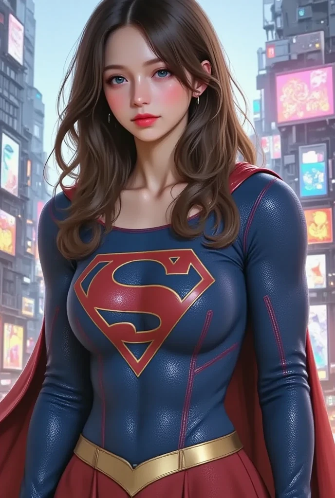 FULL VIEW OF A LIGHT BLUE EYED SUPERGIRL, WEARING A SUPERGIRL COSTUME AND CAPE, STANDING POSE, streaked hair, BLUE eyes, colored eyelashes, puckered lips, textured skin, super detail, high details, high quality, best quality, 4K, 8k. TOKYO BACKGROUND.