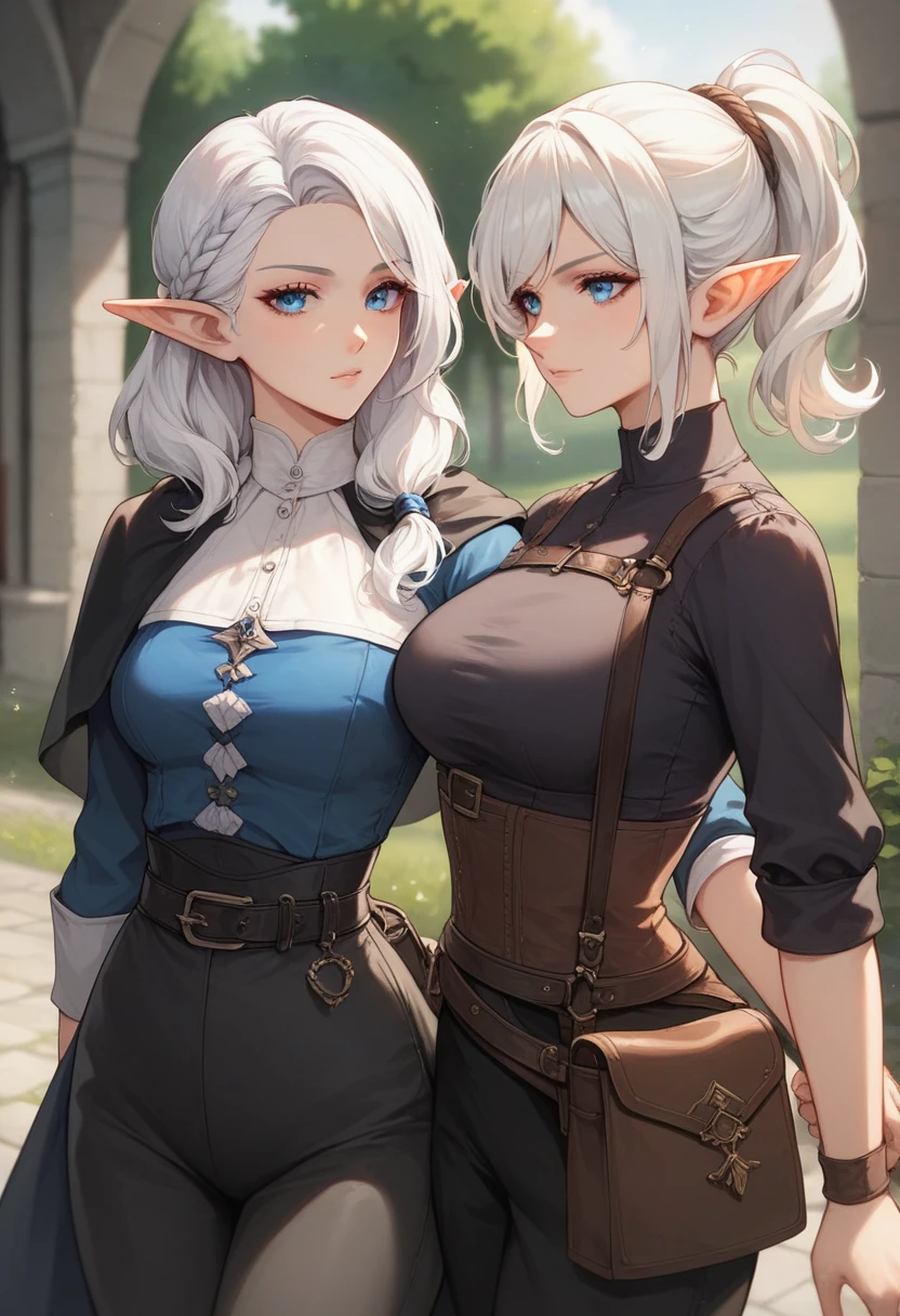Mature female elf, (mature face:1.4), white hair, round perky boobs, medium size, black choker, glasses, fully , blushing, sweaty