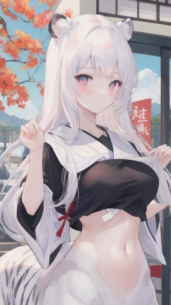 (best quality, masterpiece), 1 girl, centaur, It takes, White skin, 7-year-old Japanese female student, Smiling, exposing the abdomen,belly button t-shirt, 아름다운 소녀 perfect white tiger photo, perfect white tiger photo