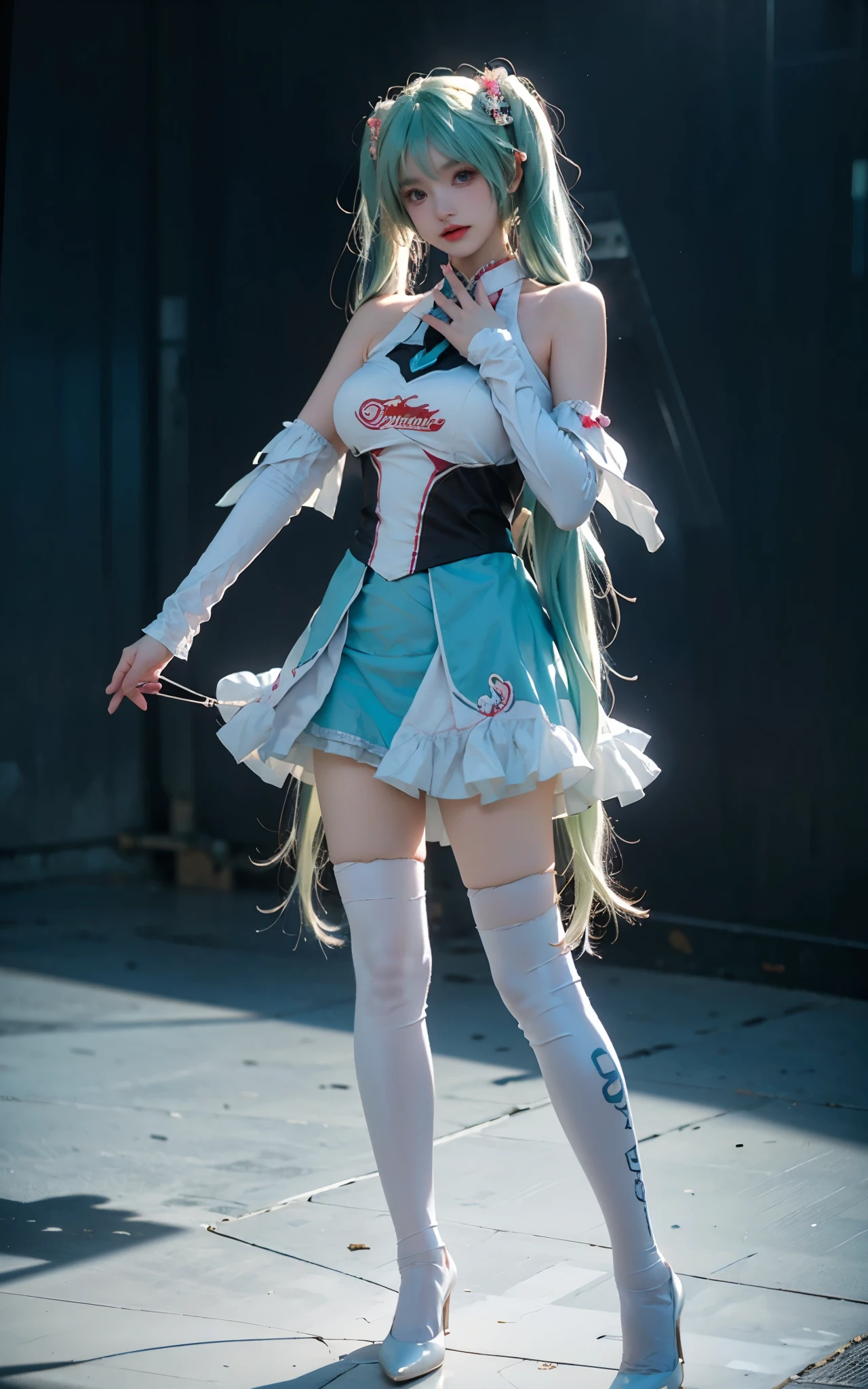 hatsune miku cosplay costume, cosplay, racing miku, hatsune miku, twintails, very long hair, aqua hair, hair ornament, dress, sleeveless, bare shoulders, detached sleeves, thighhighs, print legwear, high heels
,,(Above the calves view:1.4), ((Portrait-oriented, focusing on the subject's body above the calves)), (from below:1.2), (I-type Valley), (Large breasts), (Very short hemline, revealing smooth thighs), Realistic beautiful woman, sexy long-legged model, standing gracefully with elegance. while one hand elegantly lifts the hem of her skirt up to her thigh.    soft natural makeup, and her hair flows beautifully in the gentle breeze.   Photorealistic lighting and shadows, high detail, 4K resolutio