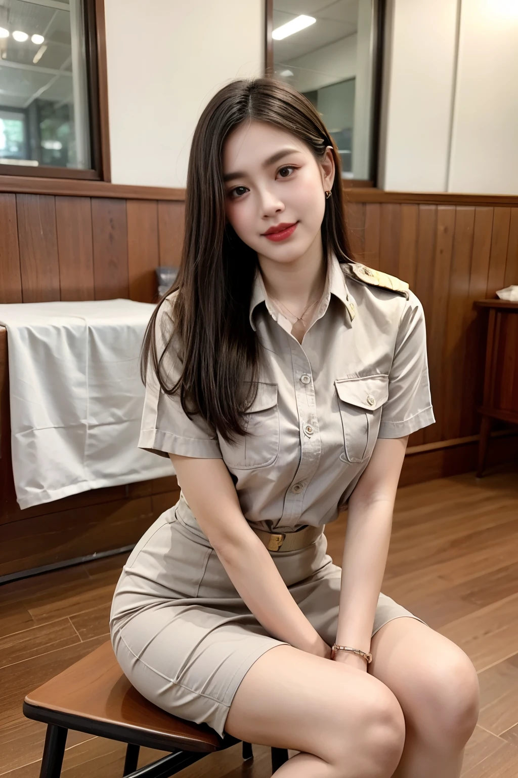 throw: ((((2 girls, 2 girls side by side, pressing the chest together ., gigantic, , emphasizing the importance of being big., giant , Exposed traces Deep split )))) Thai teacher , pretty girl, Brown suit, , civil servant, brown dress., ชุด Thai teacher :1.3, pretty girlผมlongเป็นพิเศษ, ผมlongสองเมตร, long hair that catches the eye, ผมlongสีดำ, ผมของเธอlongมาก., long, Shiny hair, Soft hair, ผมlongเป็นพิเศษ, dynamic post , Same as the whole body, Short Sleeve Shirtสีกากี, Short pencil skirt สีกากี, Side cut, , decorated with military markings .., black high heels , The sexiest, small waistHips raised , Small thighs, long legs, Big Bust s, Big Bust s:1.5, Big Bust , Very Big Bust s, Beautiful and eye-catching breasts, A giant rift, not covering all , Big Bust , Big Bust , 400 CC , สาวผมlongสองเมตร, Beautiful Face, proportional shape , Fascinating shape , red lips , Very shiny., แต่ง Beautiful Face, Military Rank, Short pencil skirt , tight, Short Sleeve Shirt, in the background , beautiful blur , Very short skirt, beautiful as a fairy