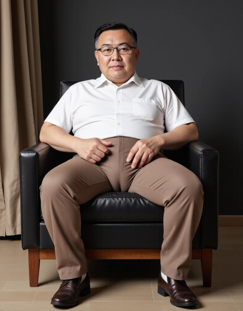 raw 4k photo, full body view, a 78 years old chinese old man, looking straight at viewer, chubby , short black/gray colour thinning hair, glasses, clean shaven, wearing white shirt, tight brown colour trousers, brown loafer shoe, sit back on a big black leather arm chair in his modern architecture living room, right hand grab his crotch and left hand on his thighs, Dark gray colour wall background, face looking straight at viewer, spread legs wide open, showing his small bulge, highly detailed bulge, large testicles print outline, highly detailed bulge with big penis print outline, shp highly detailed, exceptional realism, bright lighting, hyper realistic,, highly detailed, exceptional realism, highly detailed, hyper realistic
